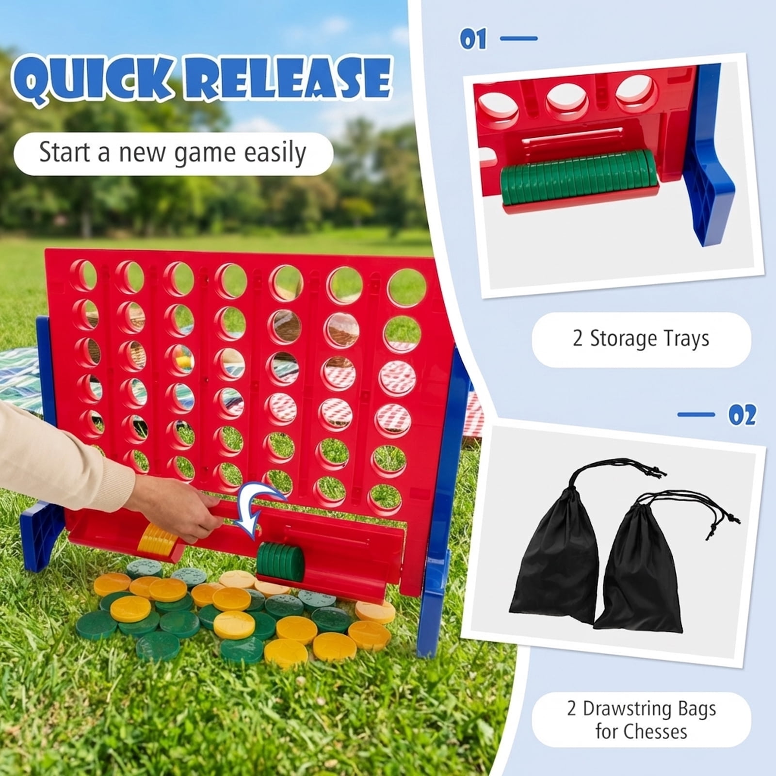 Redsmile Jumbo 4-to-Score Connect Game Set with Carrying Bag and 42 Coins in Blue - Family Game Night Entertainment for All Ages Indoor Outdoor Yard Party Fun