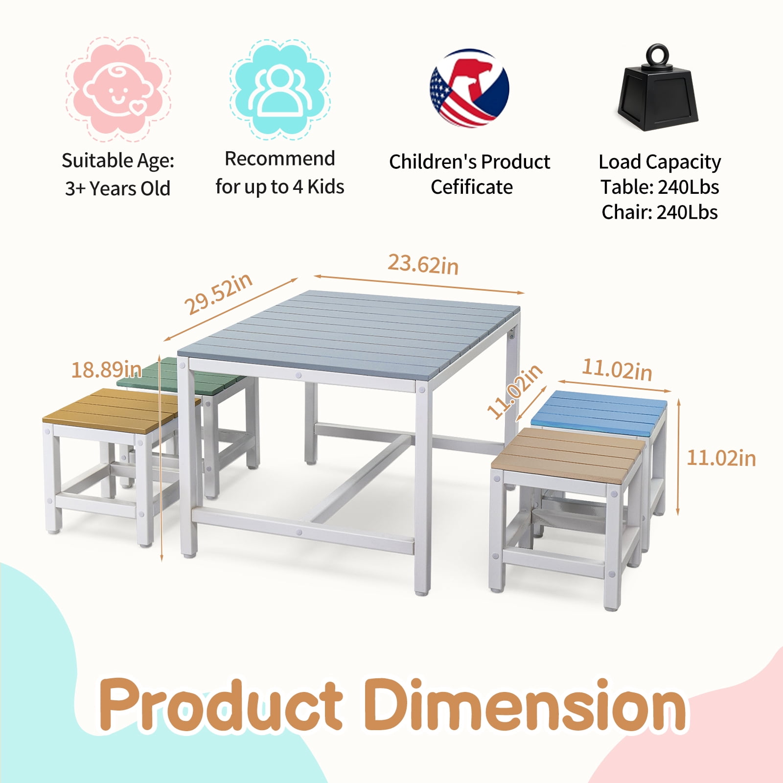 5-Piece Children's Patio Table And Chair Set (1 Table + 4 Stools), 29.5 Inches, Blue-Khaki, Light Orange, Blue-Green Color Blocking
