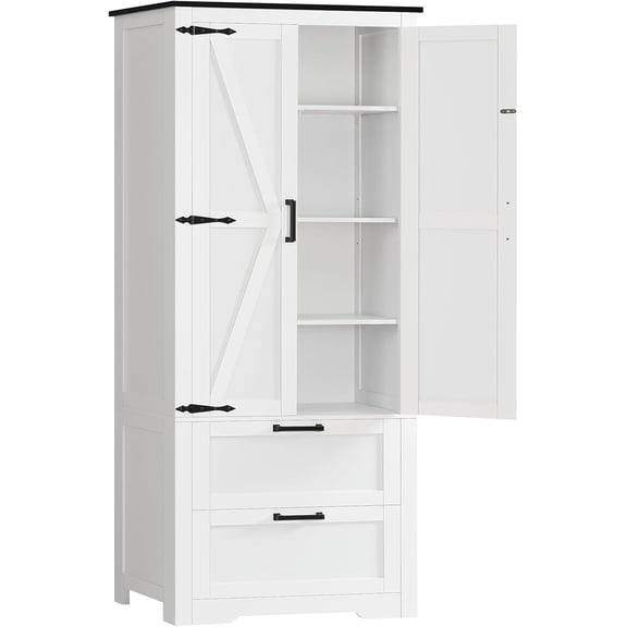 TEENFON 66.2" H Storage Cabinet with 2 Drawers, Farmhouse Kitchen Pantry Cabinet with 2 Doors & Adjustable Shelf, Bathroom Cabinet, for Living Room, Kitchen, Bathroom, White
