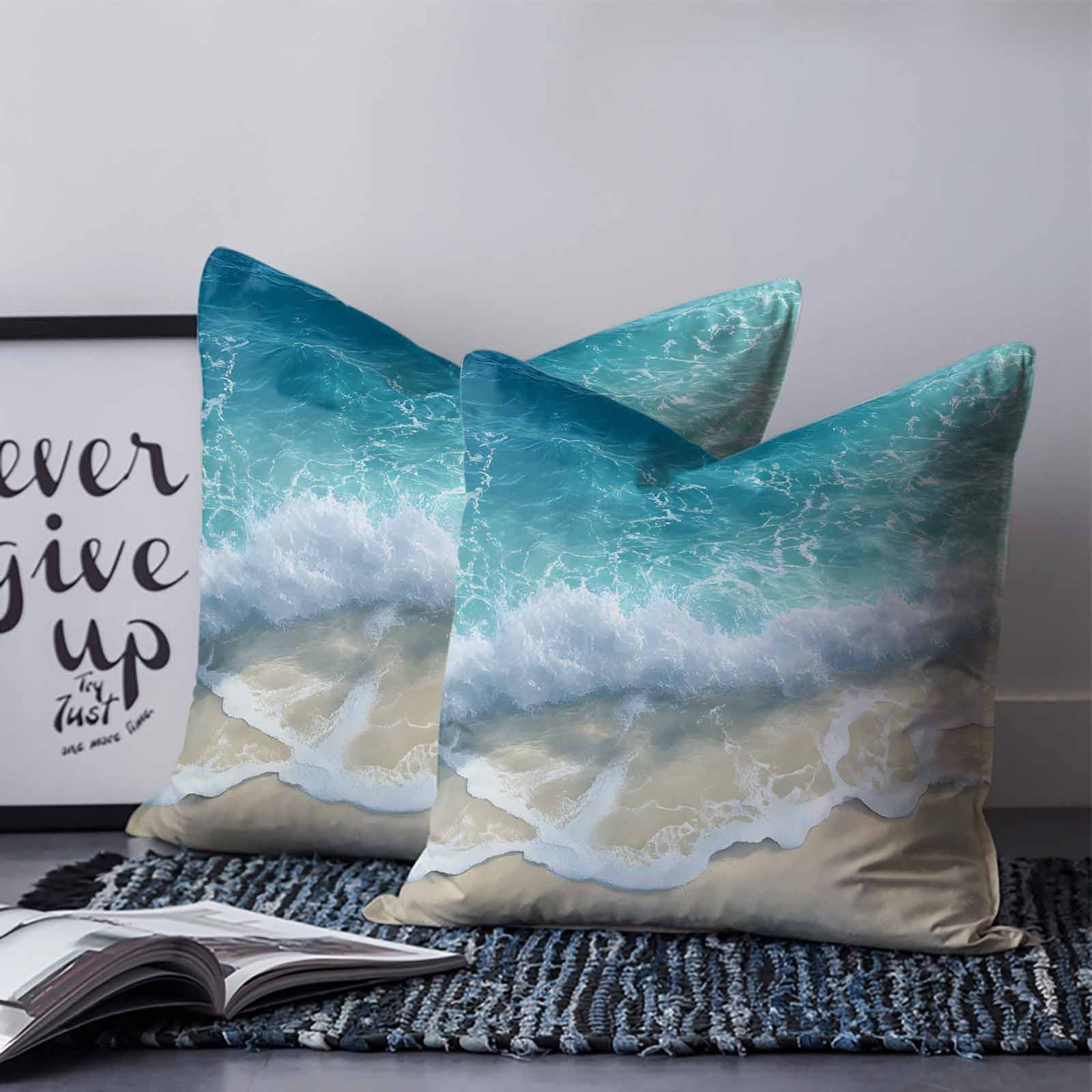 Summer Beach Coastal 24x24 Pillow Covers Set of 2, Watercolor Seaside Waves Ocean Throw Pillow Covers Decorative Couch Cushion Case, Microfiber Square Pillowcases for Bedroom Car Living Room