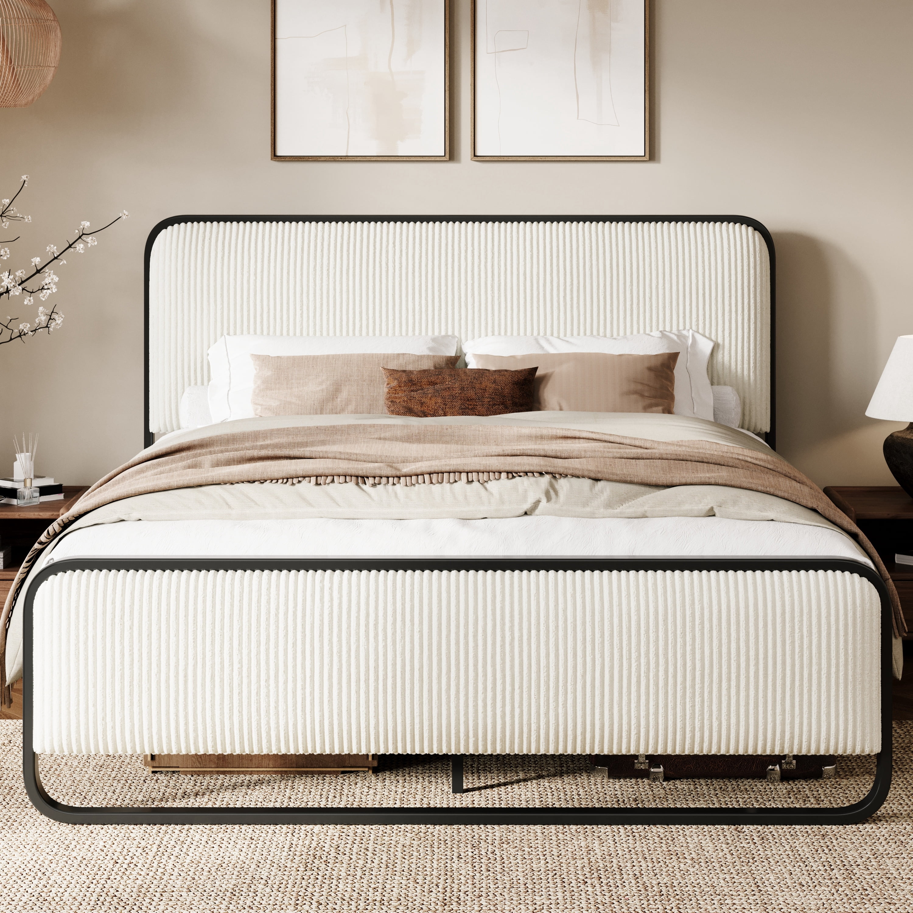 SHA CERLIN Queen Bed Frame, Upholstered Platform Bed with Velvet Curved Headboard and Footboard, No Box Spring Needed, 1000 LBS Capacity, Cream White