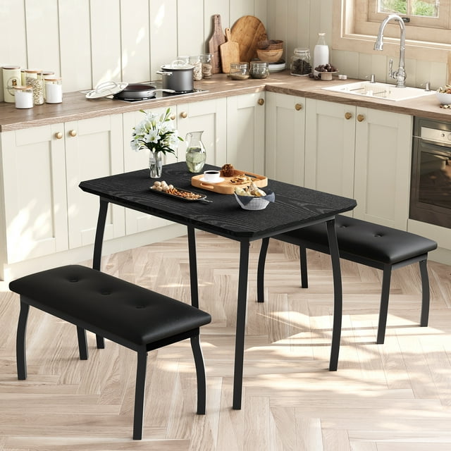Kitchen Table Set with 2 Upholstered Benches for 4, Dining Room Rectangular Table Set with Metal Frame for Small Space, Apartment