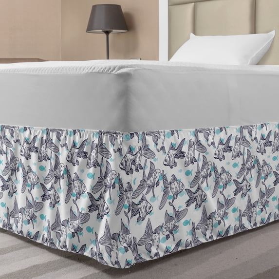 Fish Bed Skirt, Cartoon Style Outline Drawings of Underwater Element with Stripes, Elastic Bedskirt Dust Ruffle Wrap Around for Bedding Decor, 4 Sizes, Deep Sky Blue Indigo, by Ambesonne