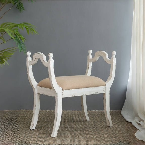 Tcbosik Entryway Bench with Cushion, Rustic Wooden Vanity Bench, Farmhouse Foyer Chair with Armrest for Entryway, Bedroom, Living Room, Dining Room, Beige