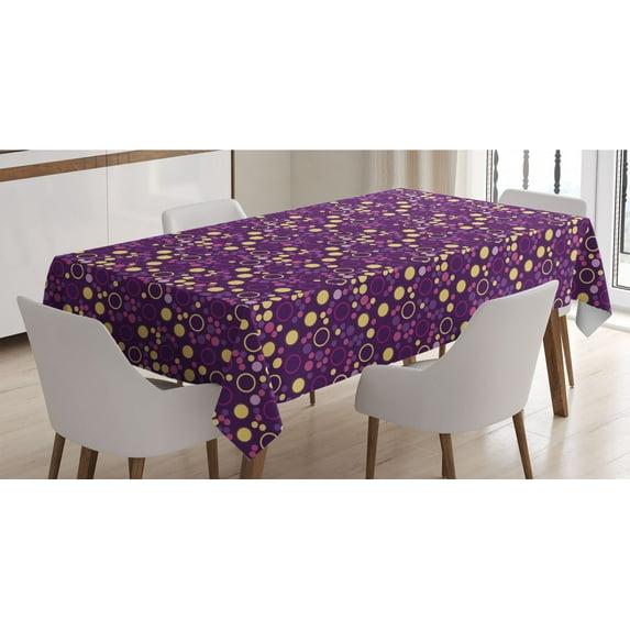 Abstract Tablecloth, Contemporary Pattern of Circles and Polka Dots, Rectangle Satin Table Cover Accent for Dining Room and Kitchen, 52" X 70", Purple Brown, by Ambesonne