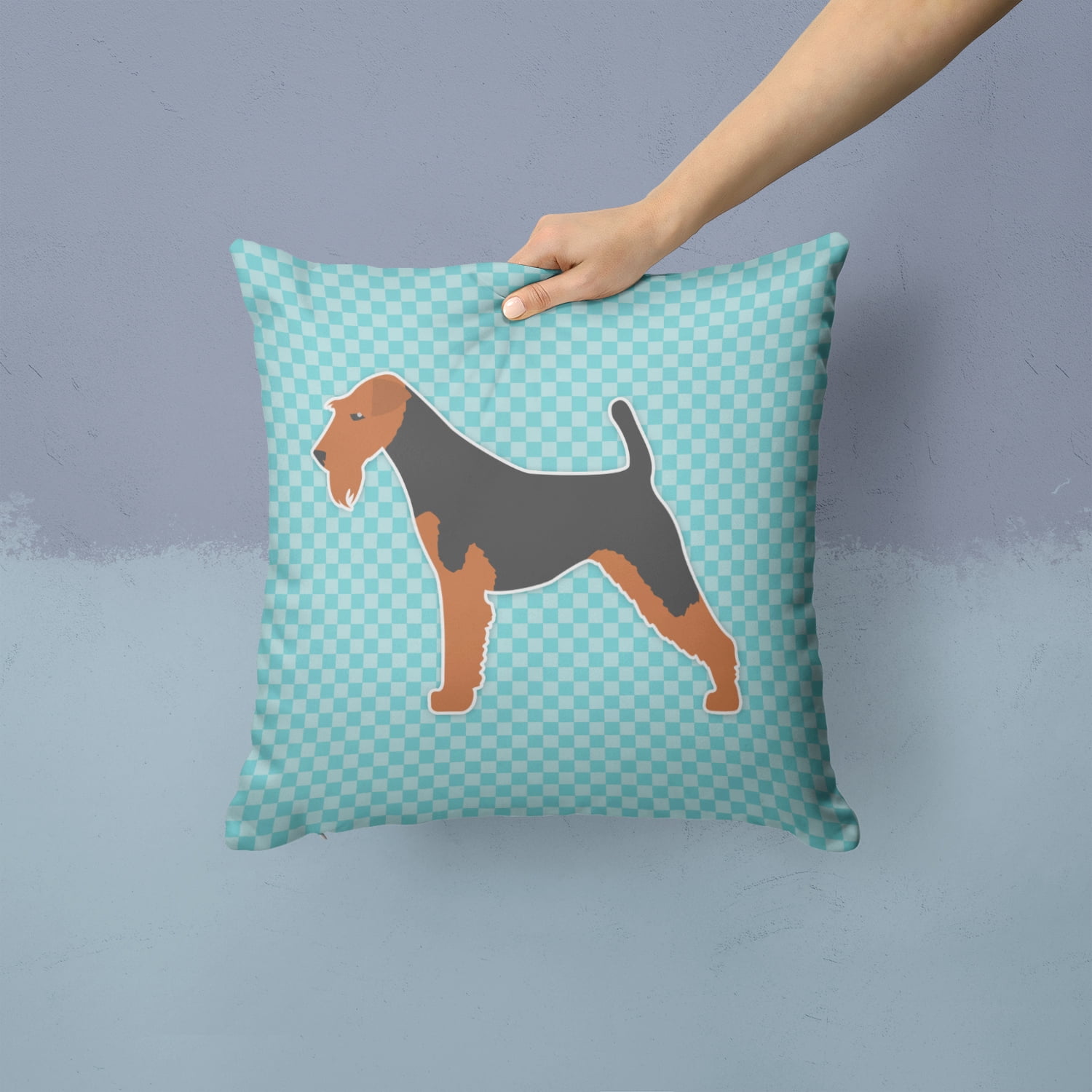 Welsh Terrier Checkerboard Blue Fabric Decorative Pillow
