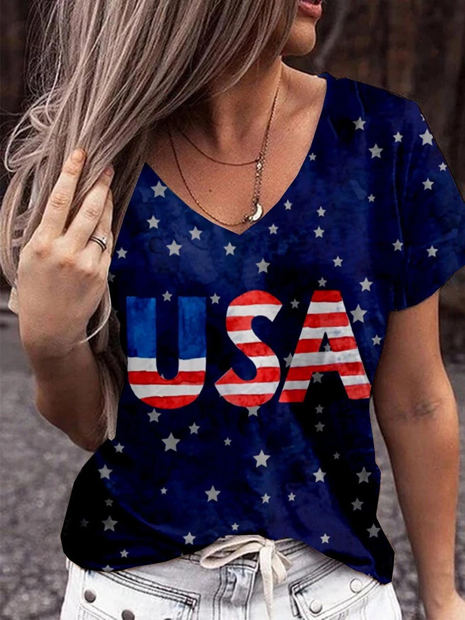 Summer American Flag Tshirt for Women Classic V Neck Patriotic Tshirts ...