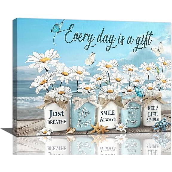 Farmhouse Bathroom Daisy Canvas Wall Art - Inspirational Motivational Quotes Floral Artwork Framed Print for Living Room Bedroom Bathroom Office