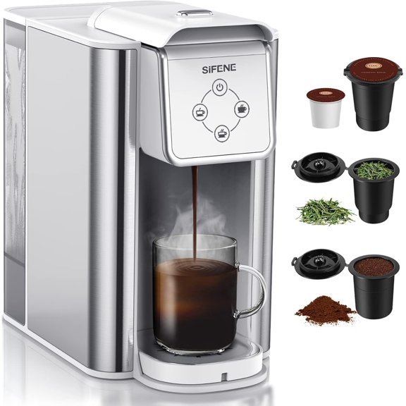 SIFENE Cafetière Individuelle, 3 en 1, Compatible avec les Dosettes K-Cup, le Café Moulu et le Thé, Réservoir d'Eau Amovible de 1,5 L, Infusion Rapide, Blanche