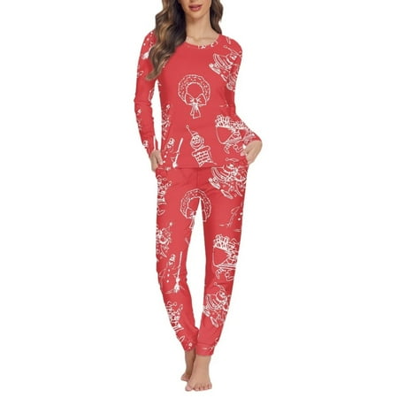 

NETILGEN 2 Pieces Christmas Scarf Snowman Women Pajama Set with 2 Side Pockets Women Sleepwear Long Skin Friendly & Breathable Round Neck Pjs for Women Winter