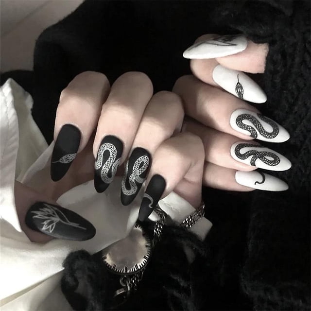 Uñas postizas HUOGUO, serpiente blanca y negra extendida, color oscuro, 24 unidades