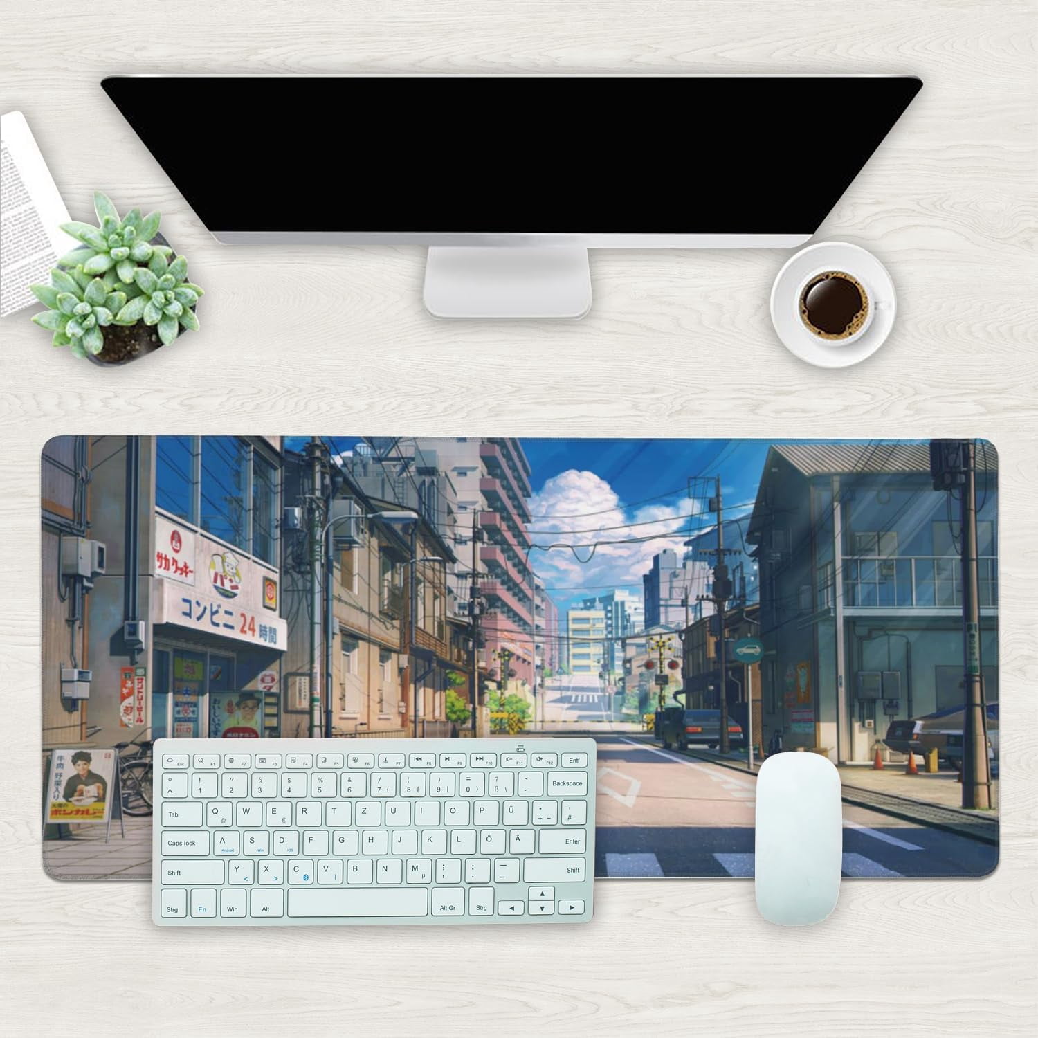 Desk Mat, Anime Summer Street Scenery Extended Gaming Mouse Pad Large, 35.4"x15.7" Big Mouse Pad with Non-Slip Base and Stitched Edge, Long Computer Keyboard Mouse Mat for Home Office Work