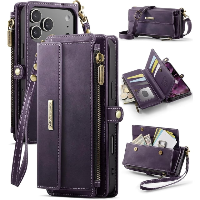 Funda tipo cartera para iPhone 17 Pro Max: funda de piel sintética con bloqueo RFID, tarjetero, bolsillo con cremallera, soporte, cierre magnético y correa para el hombro y la muñeca