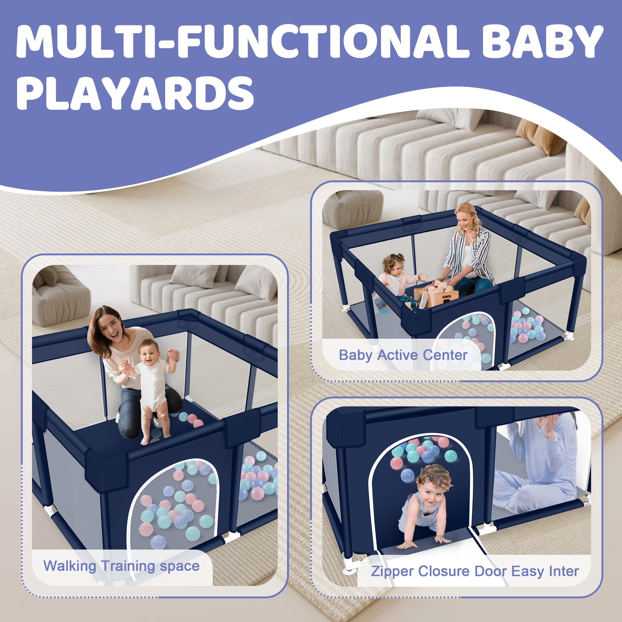 Baby Playpen, HDJ 50*50 inch Baby Play Yard with Soft Breathable Mesh and Anti-Slip Base, Baby Fence Infant Playard for Boy and Girls, Blue