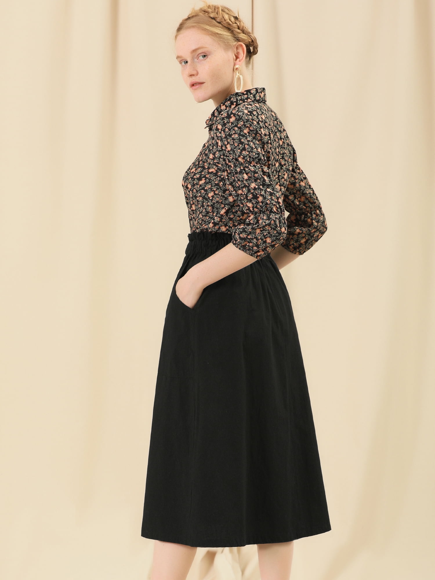 DARING DIVA Women's Cotton A-Line Midi Skirt with Pockets 2XL Black