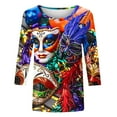 thumbnail image 3 of DDAPJ pyju Femmes Hauts Mardi Gras 2025, Chemises Manches 3/4 Masque de Carnaval Graphique Style Décontracté Mode T-shirts Col Rond Blouses Amples Offres Limitées d'Aujourd'hui Multicolore G, 3 of 5