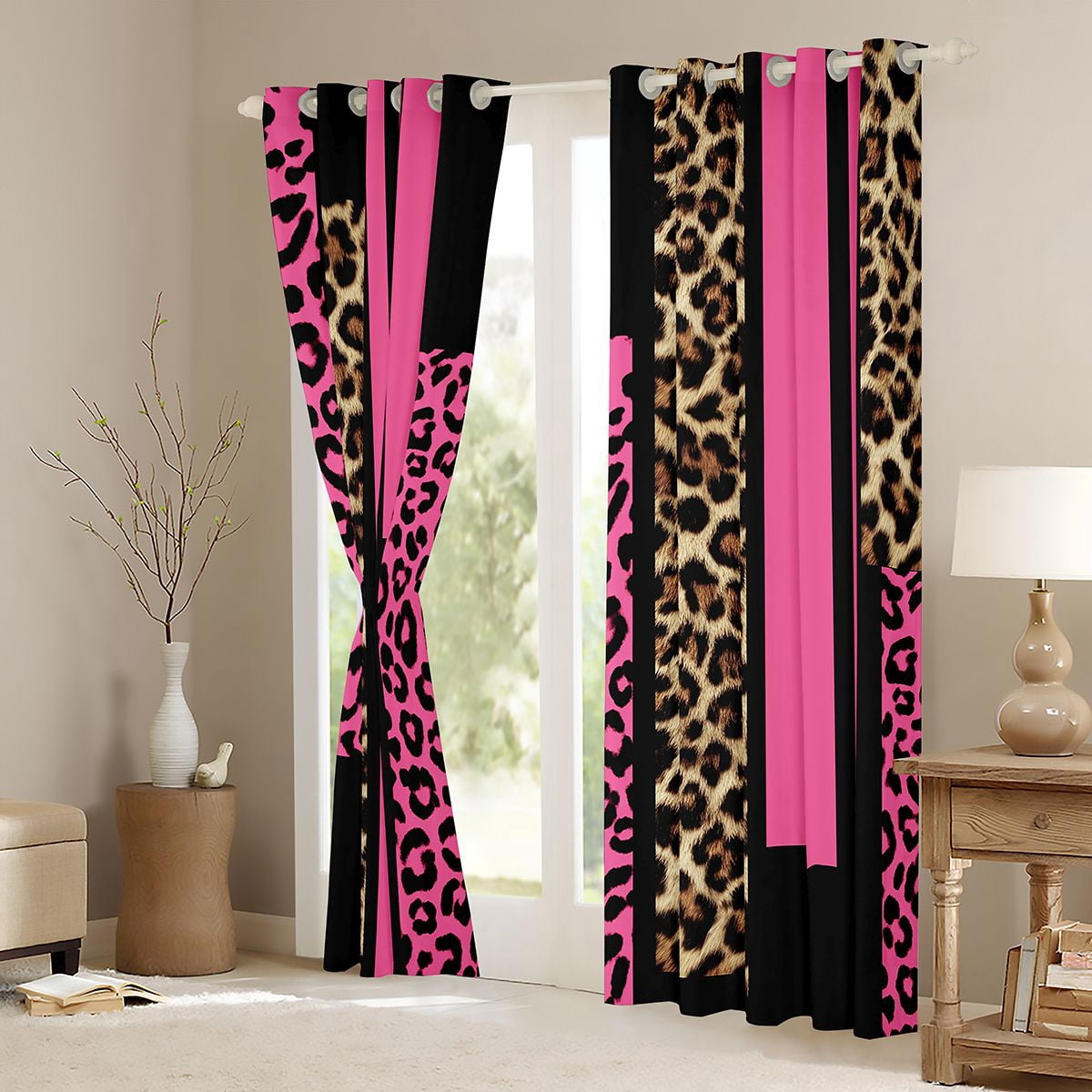 Feelyou Fashion Pink Abstract Curtains Pack of 2 (42x84 Each), Cheetah Leopard Print Curtains Blackout, Chic Polkadots Bedroom Curtains, Blackout Curtains Room Decor