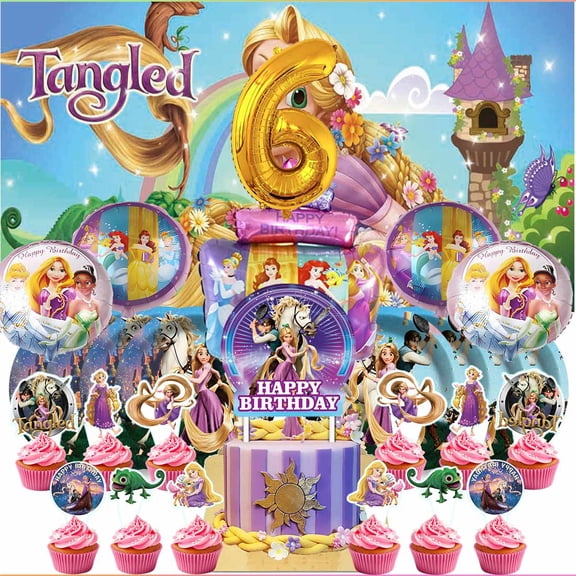 Long Hair Princess 6th Tableware Balloons Cake Toppers Backdrop Banner Supplies Party Decor Plates Decorations