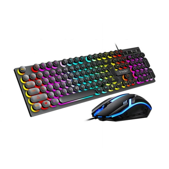 Typewriter Style USB Wired Keyboard And Mouse Set , 7 Colorful Backlit Wired Keyboard Retro Steampunk Round Keycap Gaming Keyboard.(104 Keys, Black)