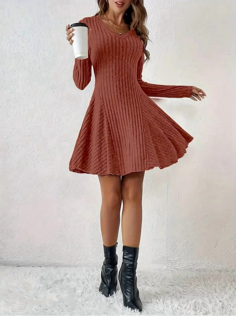 Ribbed Knit Long Sleeve A-Line Dress Red / S