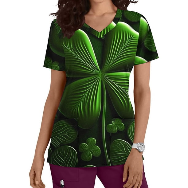Fiudx Ofertas y Liquidaciones Top de Enfermera con Cuello En V y Manga Corta con Bolsillo Estampado y Estampado Del Día de San Patricio para Mujer