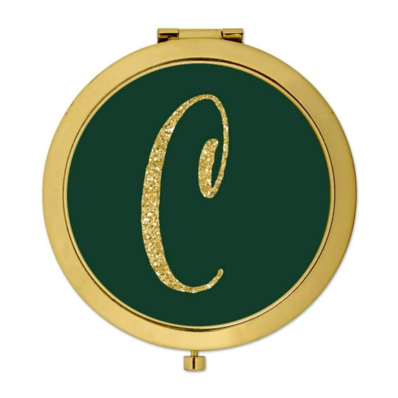 Koyal Wholesale Gold Compact Mirror Bridesmaid's Wedding Gift, Emerald Green, Monogram Letter C, 1-Pack