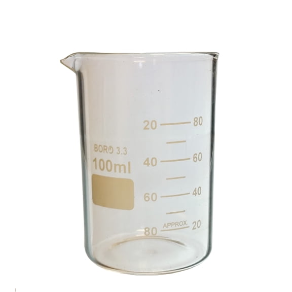 Beaker, Griffin Style, 100ml Capacity, Borosilicate Glass, Graduated.