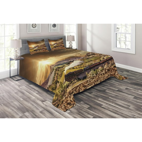 Ambesonne Wizard Quilted Coverlet 3 Pcs, Famous Train Station, King Size, Brown