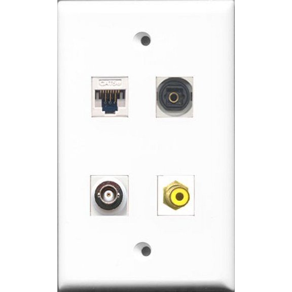 RiteAV 1 Port RCA Yellow and 1 Port Toslink and 1 Port BNC and 1 Port Cat5e Ethernet White Wall Plate