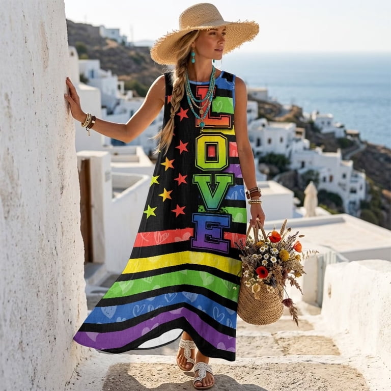 rainbow flowy dress Xixirimido Pride Flag Love Print Casual Summer Dresses for Women 2026 Sleeveless Sundresses with Pockets Beach Vacation Casual silhouette:Maternity Friendly