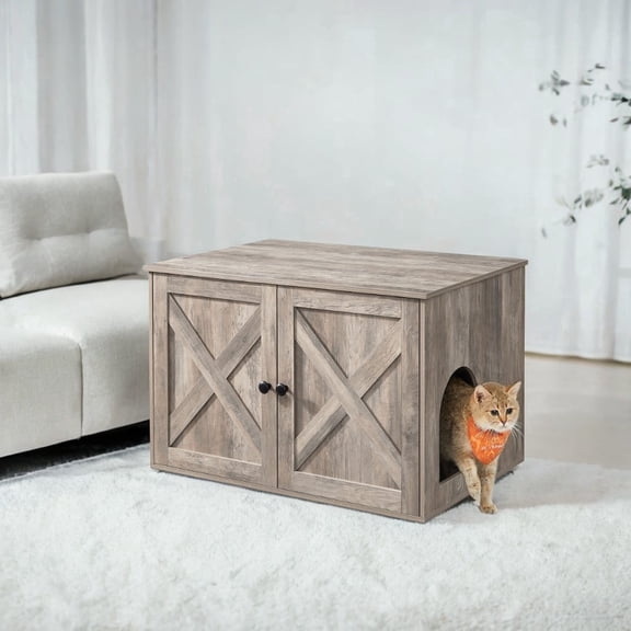 Heather Greige Cat Litter Box Enclosure. Doubles as indoor cat house & end table. Hidden design, sized 27.6 x 19.7 x 19.7 inches.