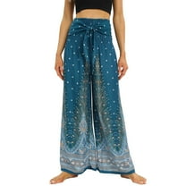 Defitshape Women's Yoga Boho Pants Wide Leg Boho Bohemian Pants Long Soft Palazzo Summer Pleated Lightweight Style2 Small-Large