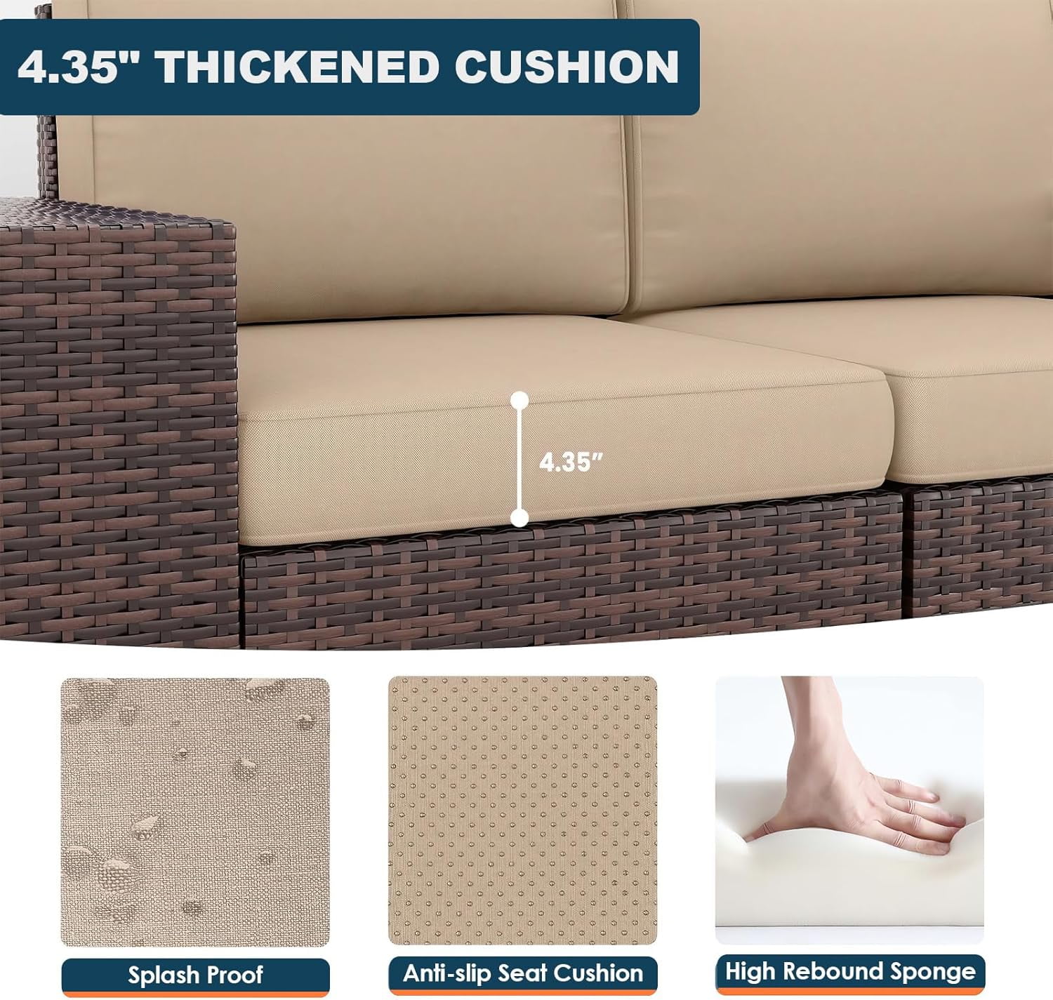 ELPOSUN Outdoor Sectional Furniture Set 6-Piece Brown Rattan Wicker Conversation Sofa Set with Glass Top Table,Beige Cushions