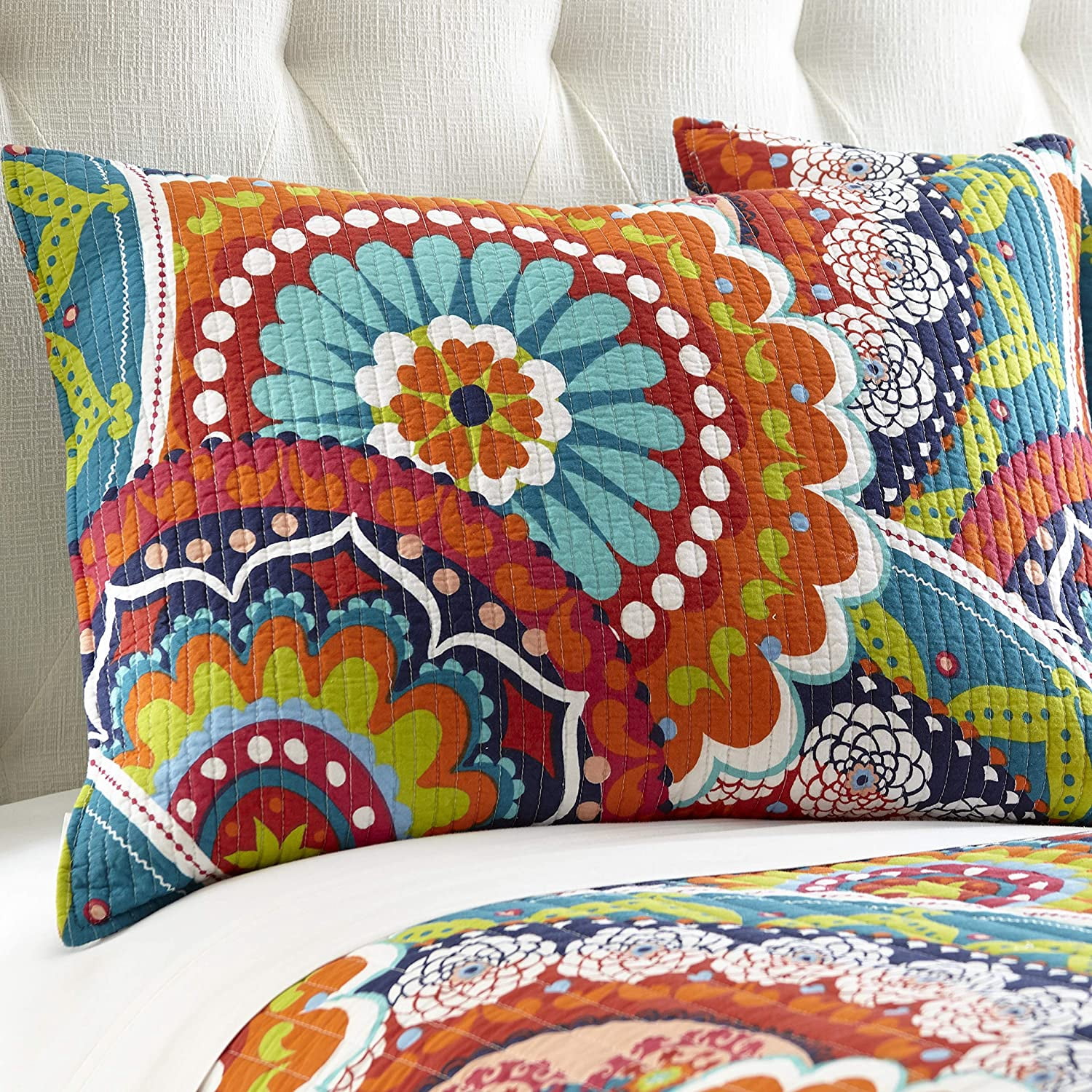Levtex Home - Serendipity Quilt Set - Full/Queen Quilt + Two Standard Pillow Shams - Boho Floral in Orange Teal Red Blue - Quilt Size (88x92in.) and Pillow Sham Size (26x20in.) - Reversible - Cotton