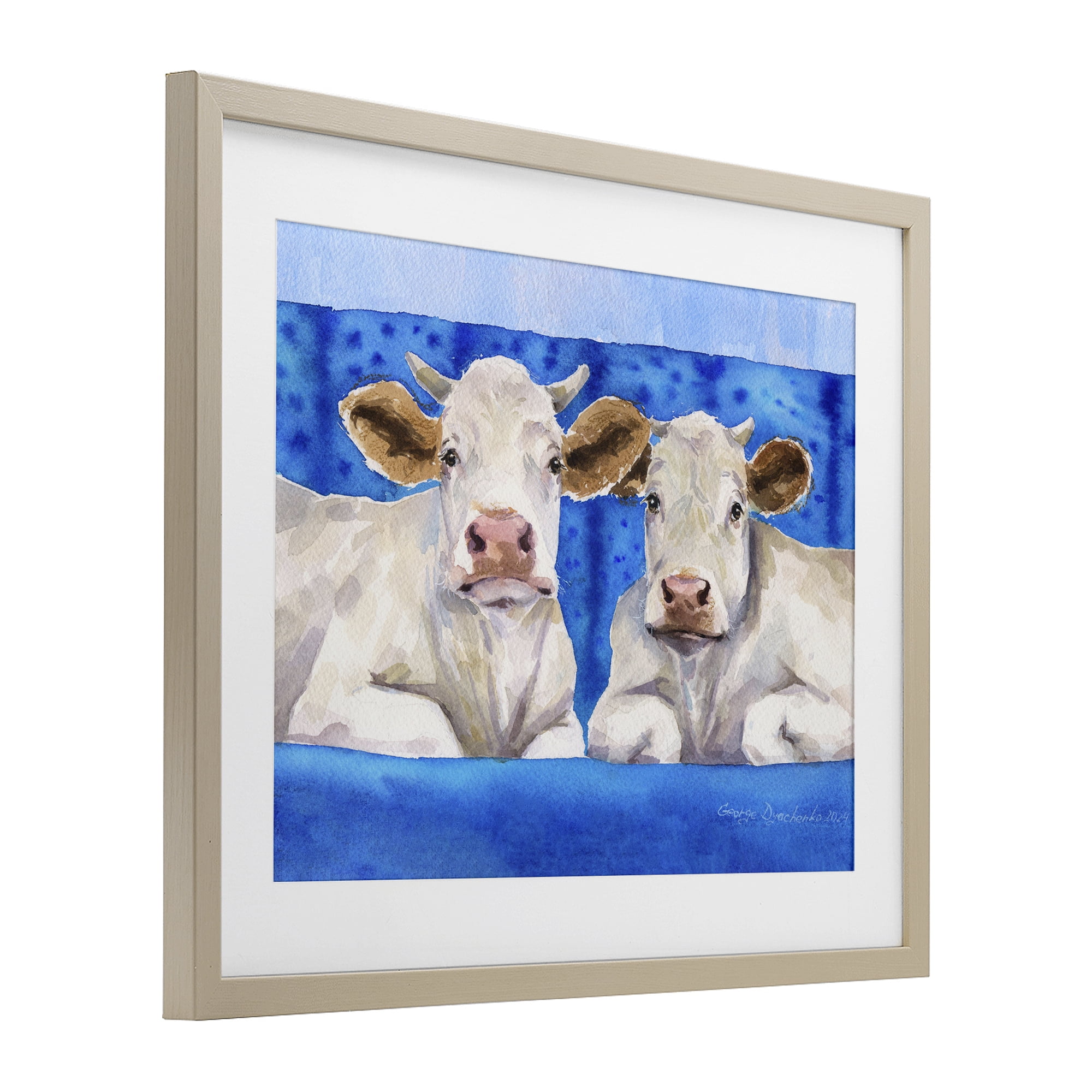Stupell Industries White Cows on Blue Sofa Birch Framed Print Under Glass, design by George Dyachenko