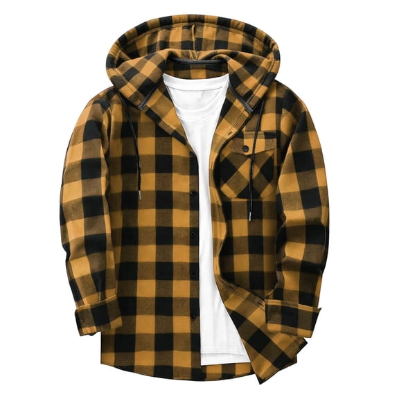 StSilkitty Button down Shirt Jacket for Mens Plaid Long Sleeve Drawstring Front Hooded T-Shirts with Pockets Lightweight Casual Shacket
