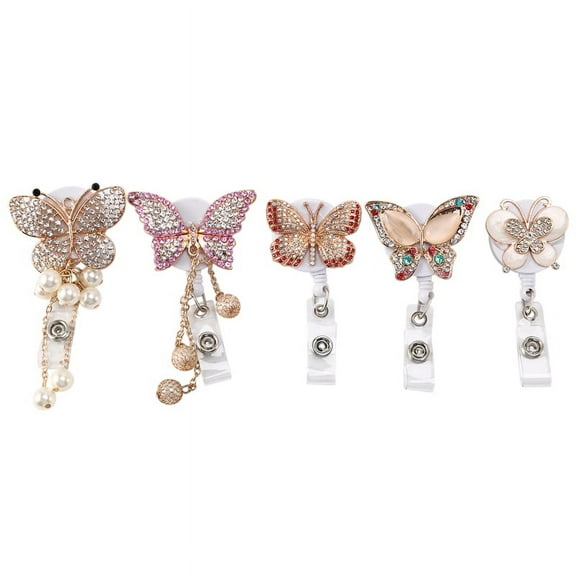5Pcs Retractable Badge Holder Reel, Butterfly Handmade Bling Rhinestone ID Badge Holders with Clip, for Volunteer Nurses