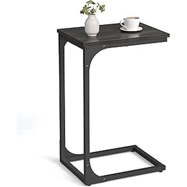 VASAGLE Mesa Auxiliar, Mesa de Sofá en Forma de C, Bandeja de TV, Marco de Metal, Salón, Dormitorio, Roble Ebonizado y Negro