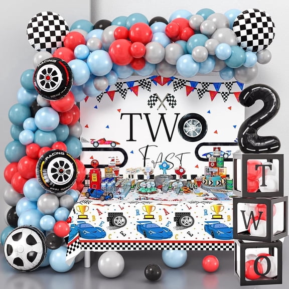 EMPIRE PARTY Supply Two Fast Race Car Birthday Party Decoration Kit for 2nd Birthday Boy, 134 Pieces