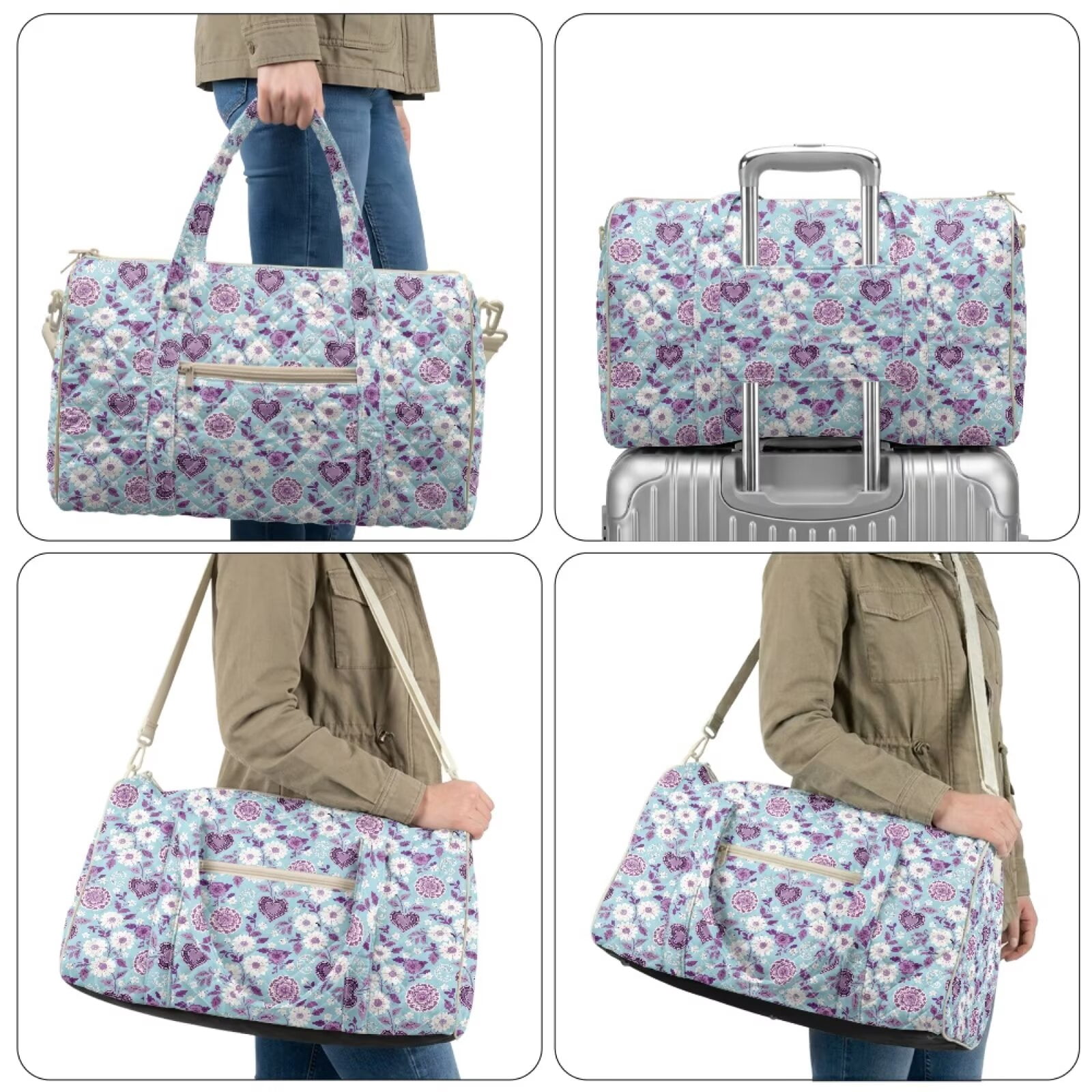 Chririnla Trendy Athletic Bag Versatile Weekender Overnight Luggage with Airline Approved Carry On Size & Shoulder Strap Dual, Blue & Purple Hearts Pattern