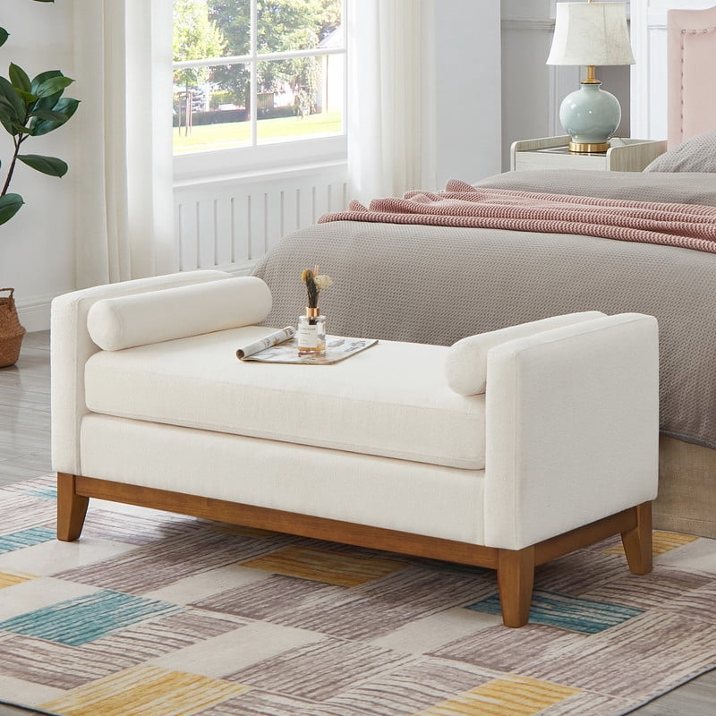 51" Storage Ottoman Bench with Arms and Pillows, Large Boucle Upholstered Tufted End of Bed Bench with Thick Padded Seat for Entryway, Living Room,Bedroom, Ivory