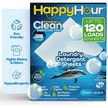 Happy Hour Laundry Detergent Sheets Eco Friendly Color Safe 60 Sheets 120 Loads Fresh Scent