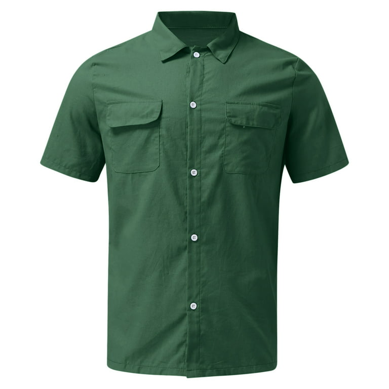 B91xZ Men's Dress Shirts Men Fashion Casual Top Shirt Solid Color Pocket  Single Shirt Cotton And Shirt Short Sleeve Mens Shirts Green,Size XXL 