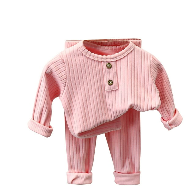 cfhntfmh Infant Baby Boy Girl Clothes Ribbed Fall Outfits Toddler Solid Long Sleeve Pullover Long Pants 2PCS Suit Outfit