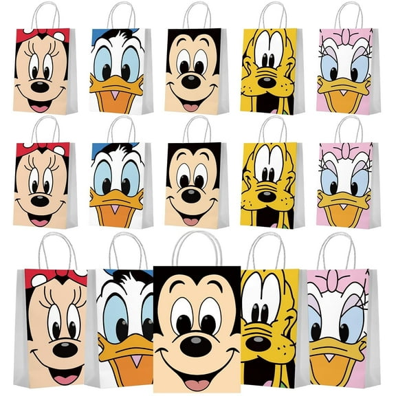 15 PCS Paper Birthday Party Gift Bag For Mickey,Cartoon Mouse Birthday Party Goodie Bags,Candy Bag For Kids Boys Birthday Party Favors Supplies