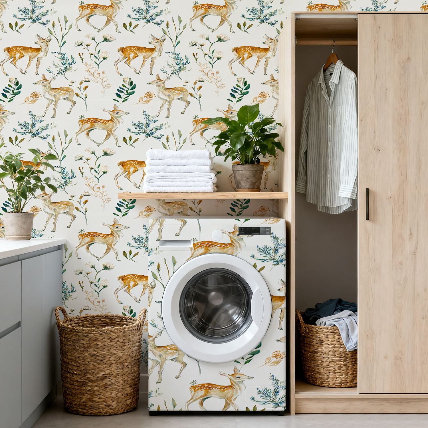 Peel and Stick Wallpaper Cute Baby Deer Wildflowers Watercolor Hunting Wildlife Wall Mural 17.7in x 9.8ft Self Adhesive Removable Wall Paper Renter Friendly Wallpaper for Nursery Bedroom Cabinets