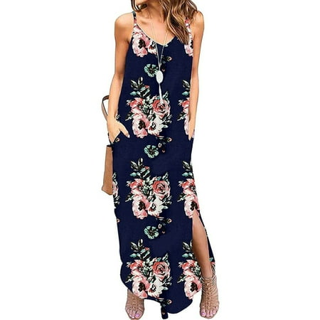 

Summer Sleeveless Strappy Cami Dress for Women Casual Floral Print Pajamas Nightgown Sleep Shirt Maxi Long Dress with Pockets