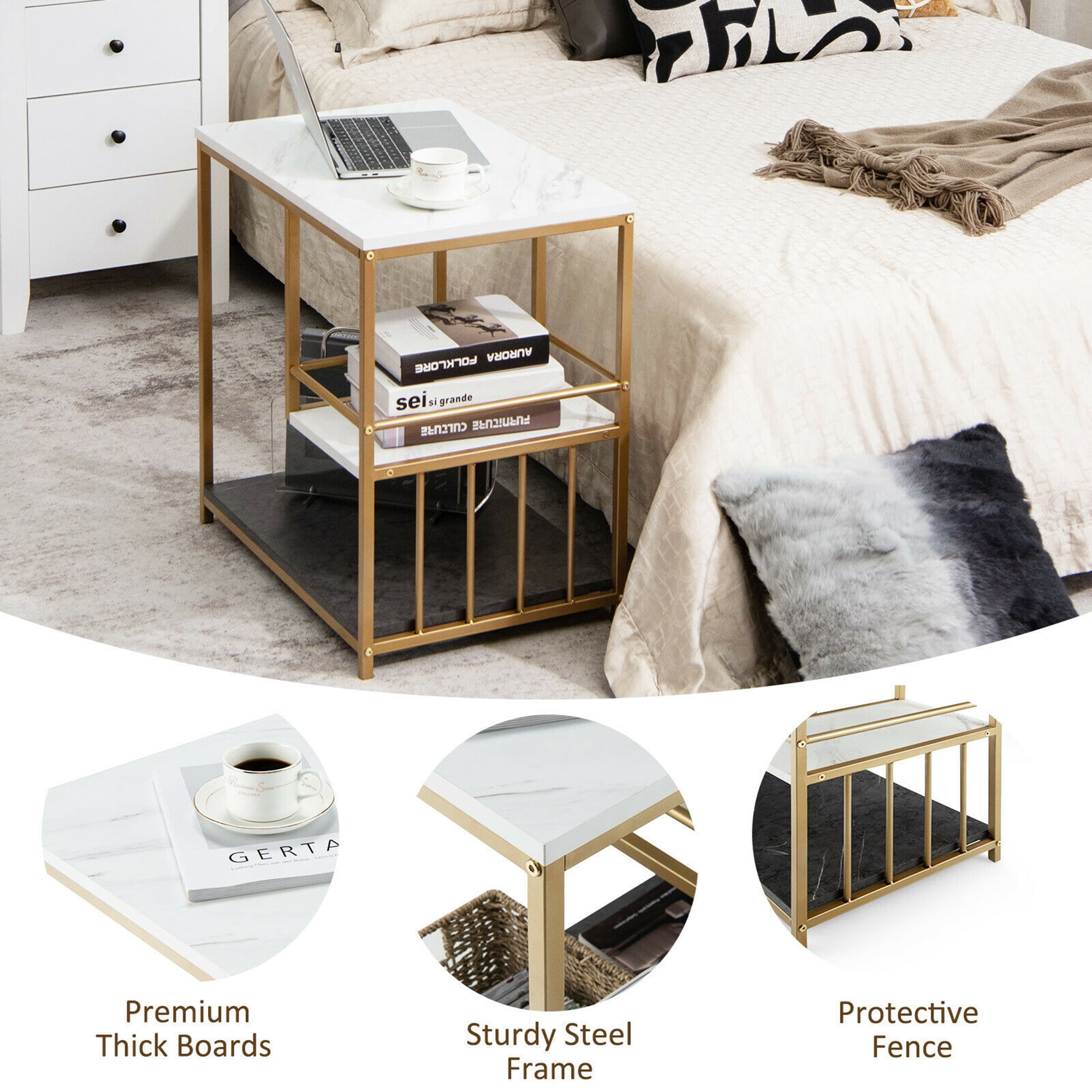 Gymax 3 Tier Side Table with Open Storage, White/Gold