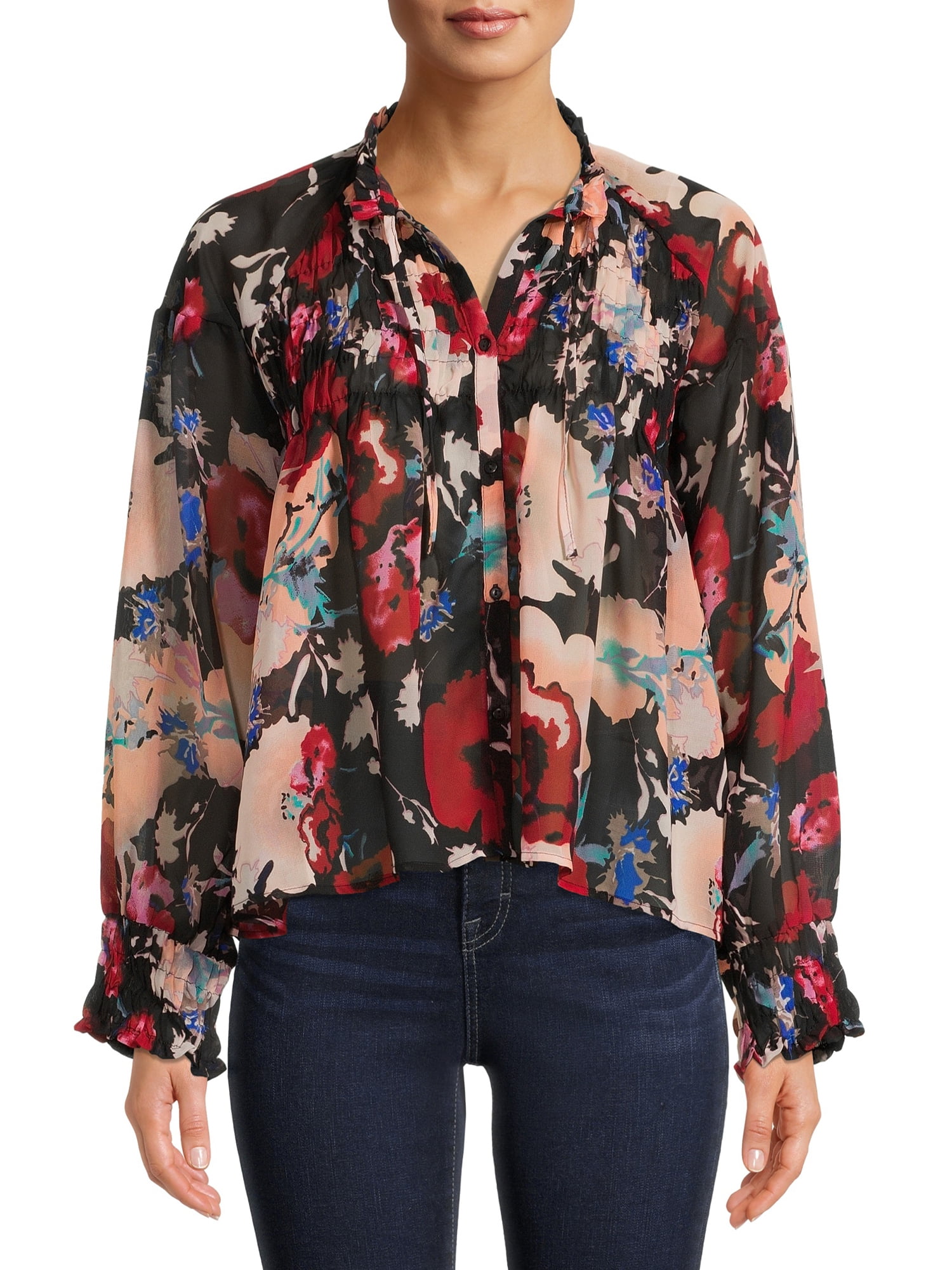 Attitude Unknown Womens Smocked Yoke and Cuff Tie Front