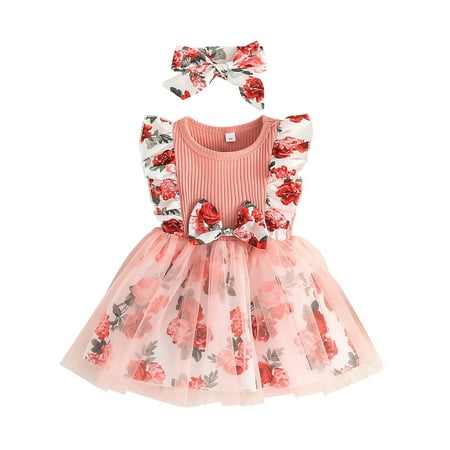 

Jkerther Toddler Girl 2Pcs Summer Outfits Sleeveless Floral Print Ruffle Dress + Headband Set